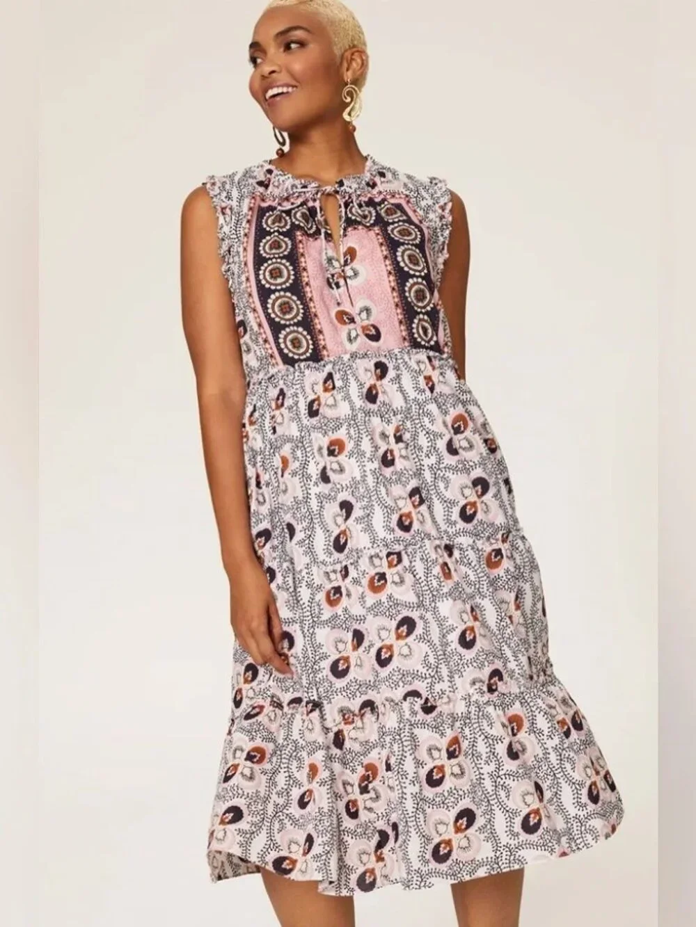 FIGUE Clara Tiered Midi Dress in Water Lily Brown Flowy Boho Sleeveless Shift LG